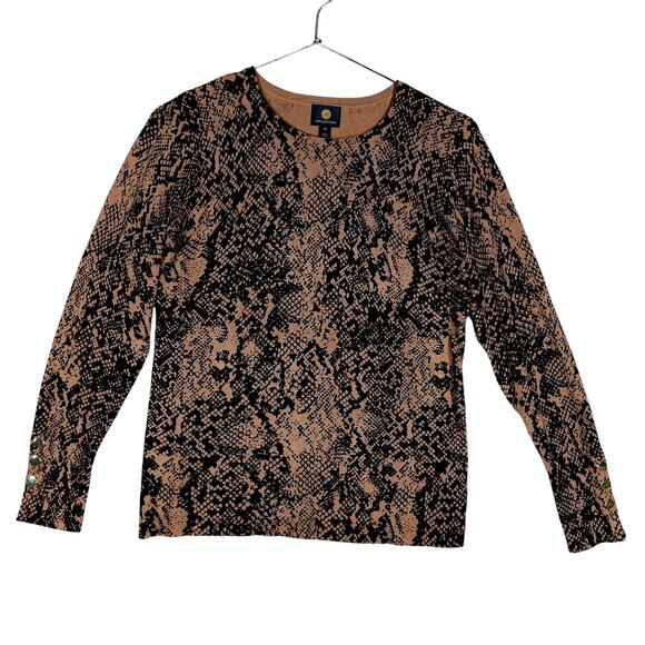JM Collection Medium Petite Snake Print Top Long Sleeve Brown and Black Pullover - Picture 5 of 11